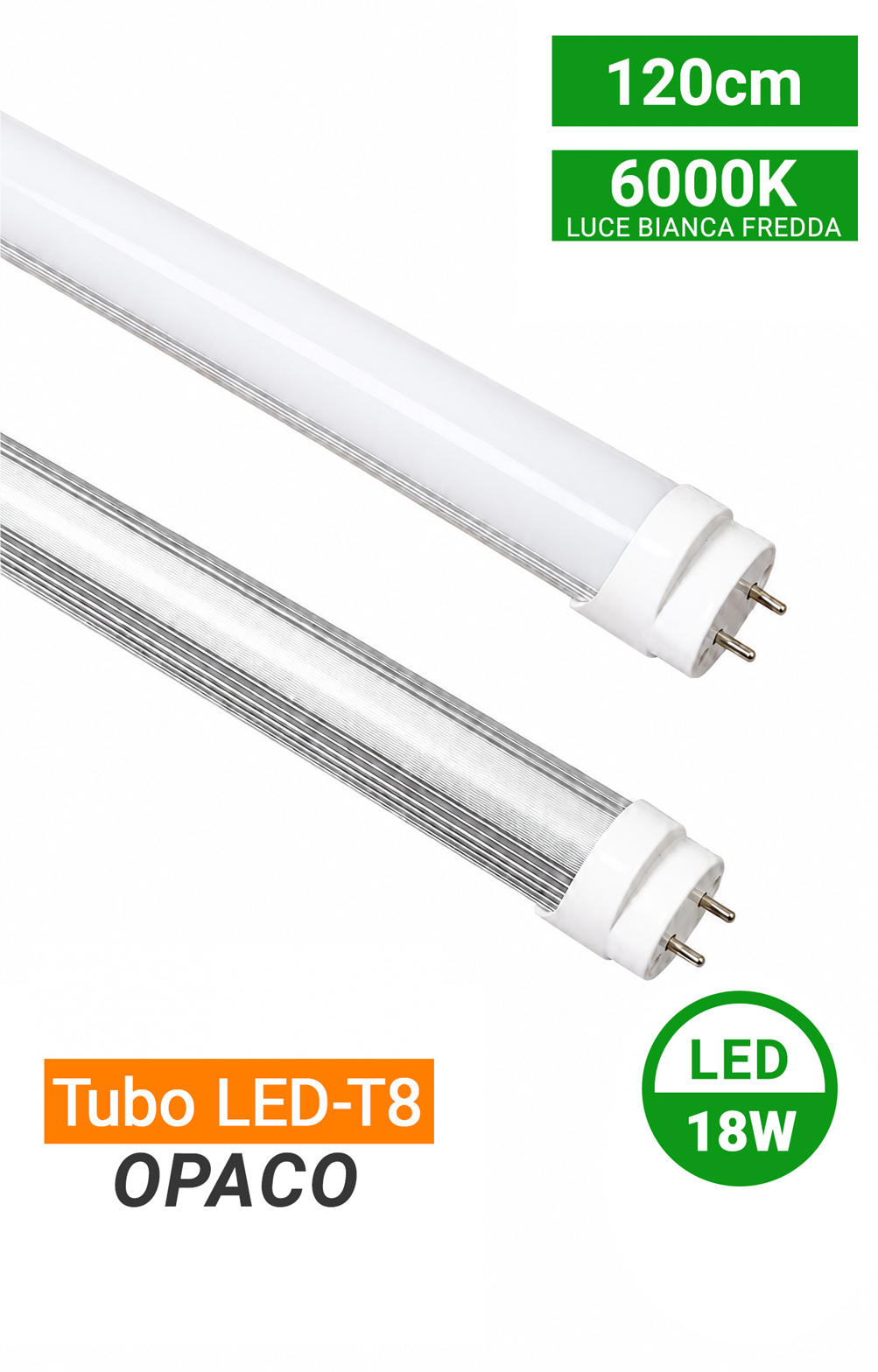 Tubo LED T8 alluminio e PC opaco 120cm 18W 4000K/6000K 6000K