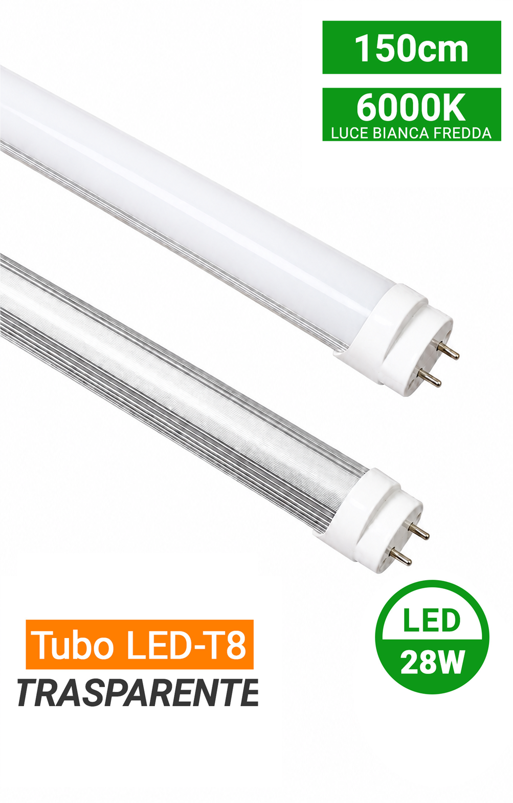 Tubo LED T8 alluminio e PC trasparente 150cm 28W 6000K 6000K