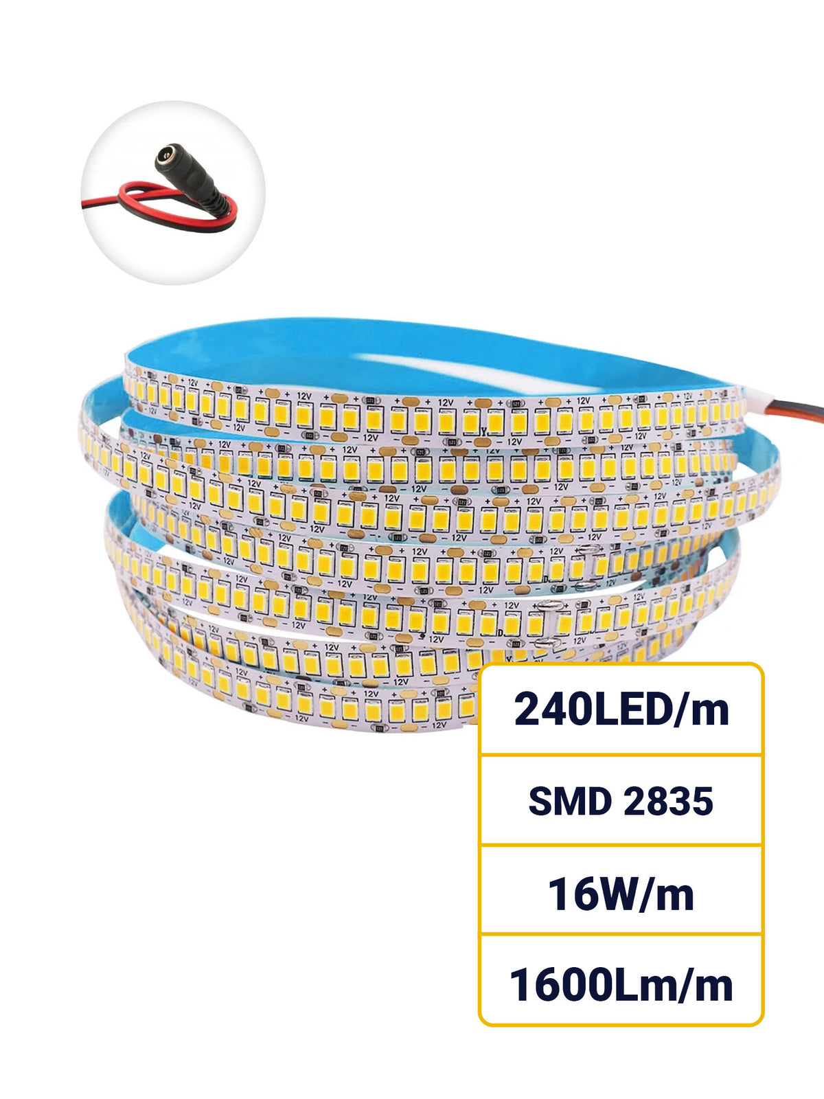 12V Striscia LED 2835 240L 16W/m 1600lm/w 5mt larghezza 10mm
