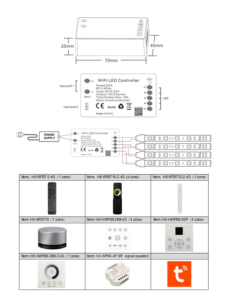 Controller Led WIFI Dimmer Compatibile con Telecomando e App Tuya D011