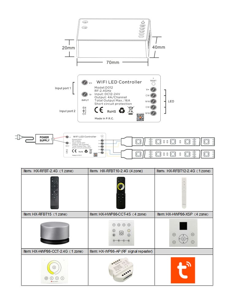 Controller Led WIFI CCT Compatibile con Telecomando e App Tuya D012