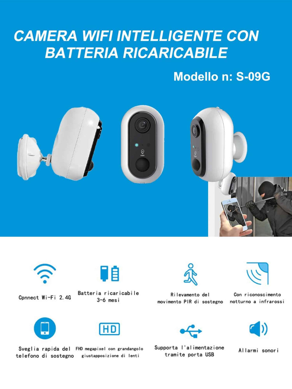 Telecamera da Esterno Ricaricabile WIFI  WIBY S-09G