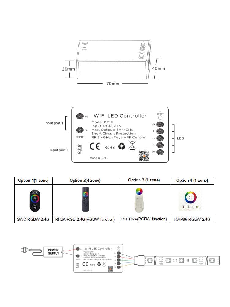Controller Led WIFI RBGW Compatibile con Telecomando e App Tuya D016
