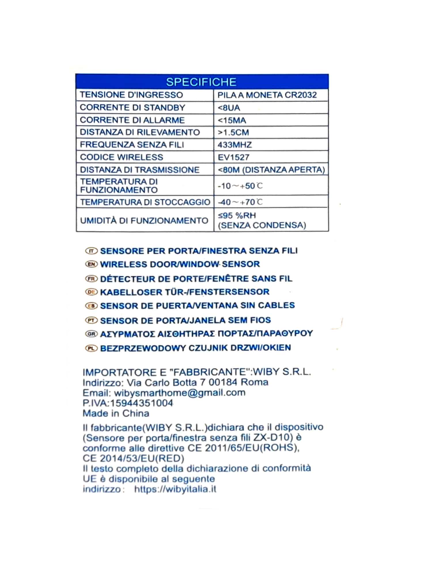Sensore Porta Finestra Senza Fili ZX-D10