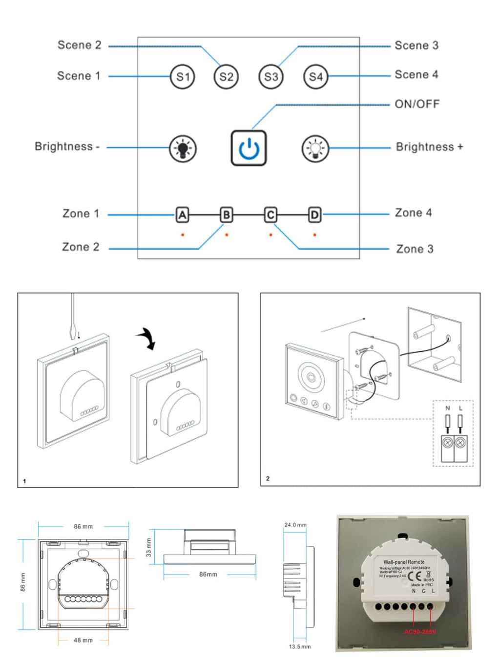 Telecomando da Parete DIM 4 Zone Full Touch