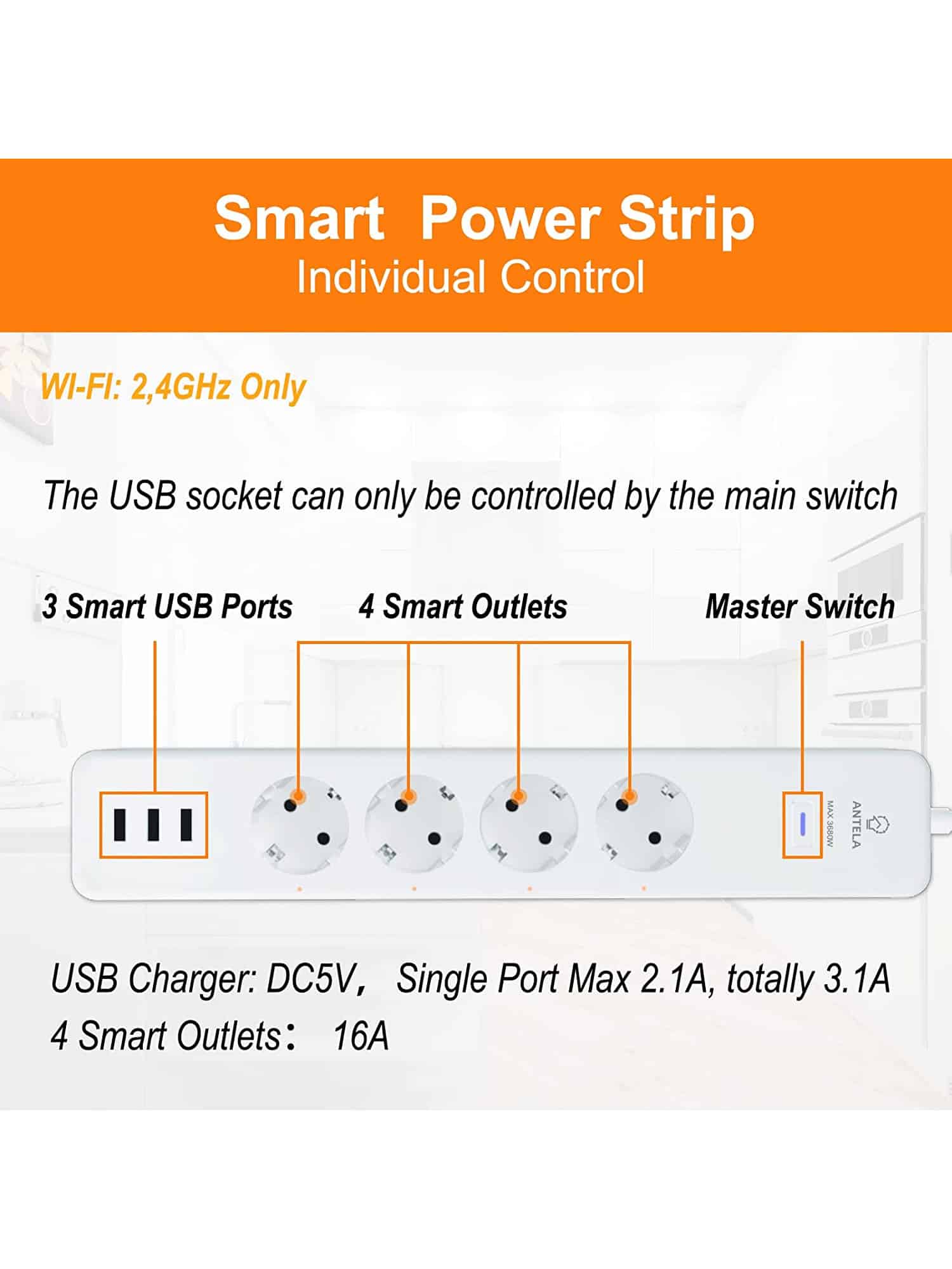 Ciabatta MultiPresa Smart Wifi con 4 Prese AC e 3 Porte USB M3SU411-EU